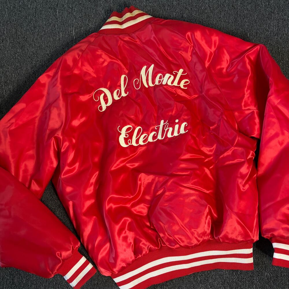 Vintage Y2k 50's Del Monte California Electric Red Satin Varsity Bomber Jacket L